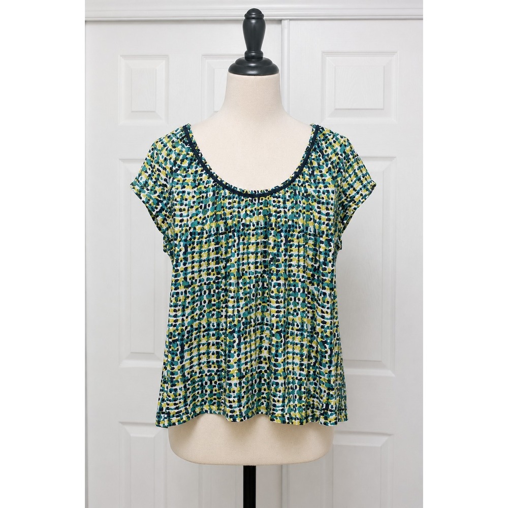 Ann Taylor Blouse Colorful Green Yellow Navy Print With Ribbon Trim Size L Fun